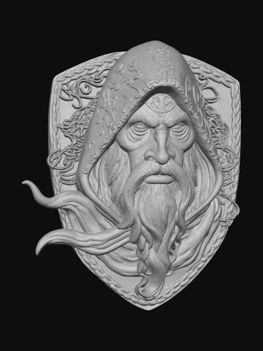3D model for Warlock face, in a flat patch highly detailed embroidery in a shield shaped fabric patch, clear stich's and threads. Bright colorful yarn and thread