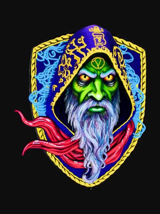 3D model for Warlock face, in a flat patch highly detailed embroidery in a shield shaped fabric patch, clear stich's and threads. Bright colorful yarn and thread