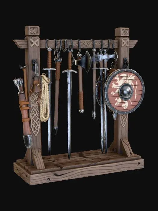 3D model for Midevil weapon rack game asset rectangle base