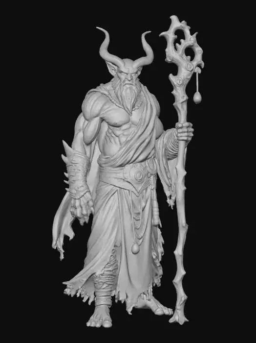 3D model for A male Tiefling. He has mottled red skin.  He has small black horns.  He is wearing white clerical robes.  He is holding an oversized wooden staff.  Large deeply carved eyes. Thick body. Highly stylized. Carved detail. Highly detailed. High resolution. Well-lit. Dungeons & Dragons. DND.