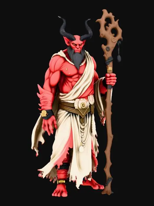 3D model for A male Tiefling. He has mottled red skin.  He has small black horns.  He is wearing white clerical robes.  He is holding an oversized wooden staff.  Large deeply carved eyes. Thick body. Highly stylized. Carved detail. Highly detailed. High resolution. Well-lit. Dungeons & Dragons. DND.