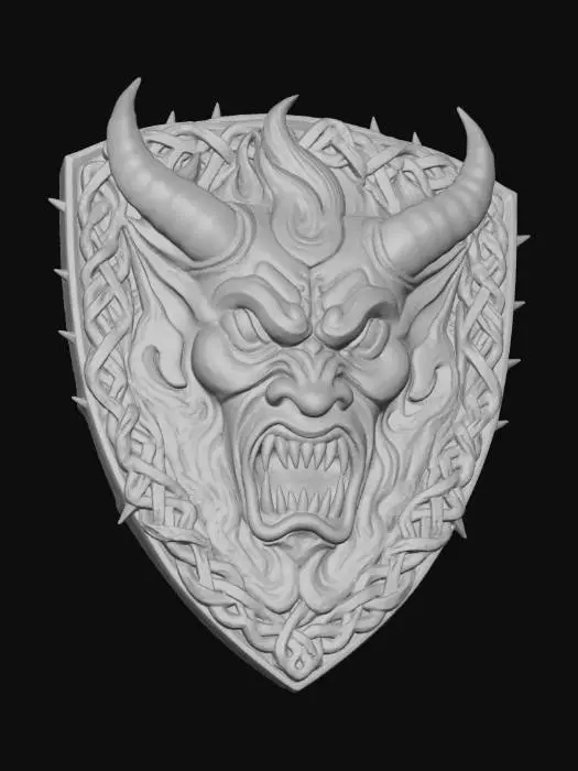 3D model for A hand stitched embroidered patch with a demon face the patch is in the shape of a shield and extremely detailed and colorful