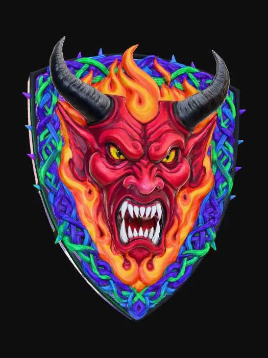 3D model for A hand stitched embroidered patch with a demon face the patch is in the shape of a shield and extremely detailed and colorful