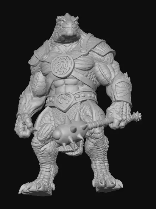 3D model for A formidable, muscular reptilian warrior rendered in a monochromatic light brown material, standing in a powerful, slightly hunched pose. Its body is covered in dense, textured scales, with pronounced musculature. It wears robust shoulder armor and a chest piece featuring a large, ornate central medallion with a swirling design, all appearing cast from a heavy, unyielding material. The creature wields a massive spiked mace in its right hand, indicating its brutal combat style.