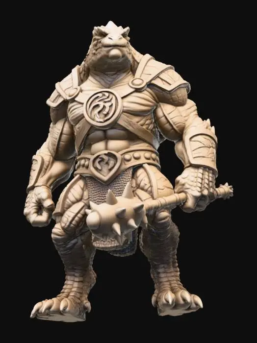 3D model for A formidable, muscular reptilian warrior rendered in a monochromatic light brown material, standing in a powerful, slightly hunched pose. Its body is covered in dense, textured scales, with pronounced musculature. It wears robust shoulder armor and a chest piece featuring a large, ornate central medallion with a swirling design, all appearing cast from a heavy, unyielding material. The creature wields a massive spiked mace in its right hand, indicating its brutal combat style.