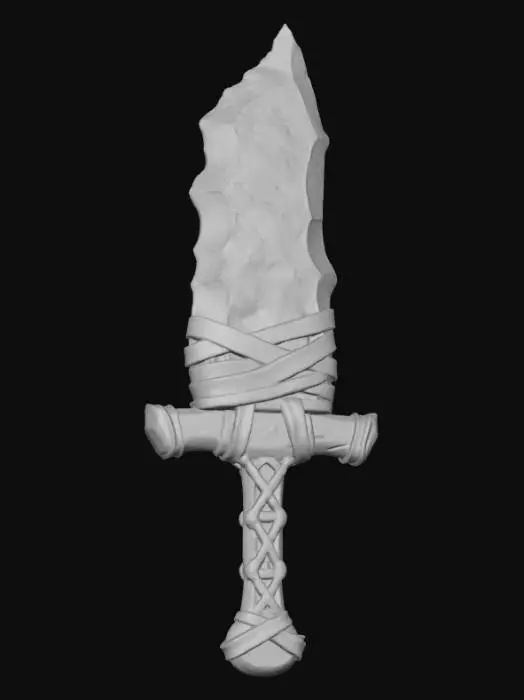 3D model for A midevil stone sword weapon with a wooden handle and huge bulbus large obsidian stone blade the blade is held on by leather straps