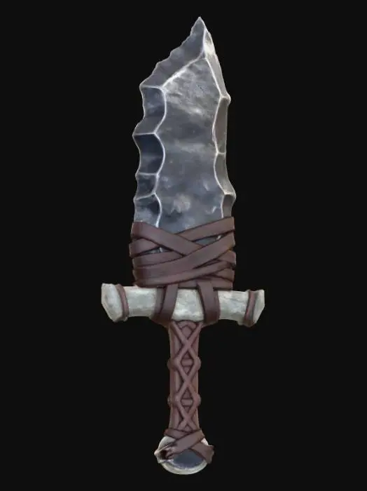 3D model for A midevil stone sword weapon with a wooden handle and huge bulbus large obsidian stone blade the blade is held on by leather straps
