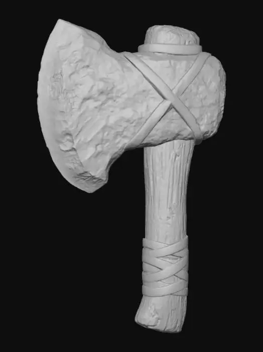 3D model for A midevil stone axe weapon with a wooden handle and huge bulbus large obsidian stone blade the blade is held on by leather straps
