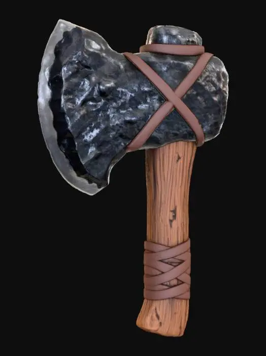 3D model for A midevil stone axe weapon with a wooden handle and huge bulbus large obsidian stone blade the blade is held on by leather straps