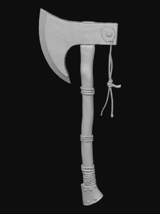 3D model for A midevil stone axe weapon with a wooden handle and stone blade the blade is held on by leather straps