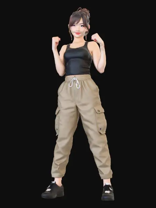 3D model for A cute girl street fighter she is wearing baggy cargo pants and a tank top