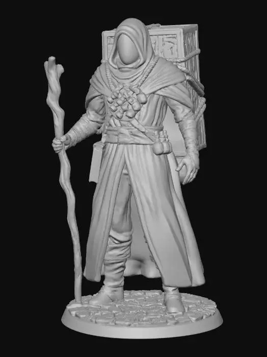 3D model for A monochrome (e.g., terracotta, unpainted resin) 3D printed figurine of a cloaked merchant or adventurer. The character wears a cowl that conceals their face, a long cloak, tunic, trousers, and boots, all with visible creases and folds. A bandolier with pouches and bottles crosses their chest. They carry an oversized, intricately detailed wooden chest on their back, secured with ropes and other bundled items. In one hand, they grasp a gnarled walking stick, and they stand on a textured, uneven circular base.