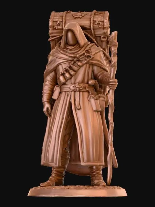 3D model for A monochrome (e.g., terracotta, unpainted resin) 3D printed figurine of a cloaked merchant or adventurer. The character wears a cowl that conceals their face, a long cloak, tunic, trousers, and boots, all with visible creases and folds. A bandolier with pouches and bottles crosses their chest. They carry an oversized, intricately detailed wooden chest on their back, secured with ropes and other bundled items. In one hand, they grasp a gnarled walking stick, and they stand on a textured, uneven circular base.