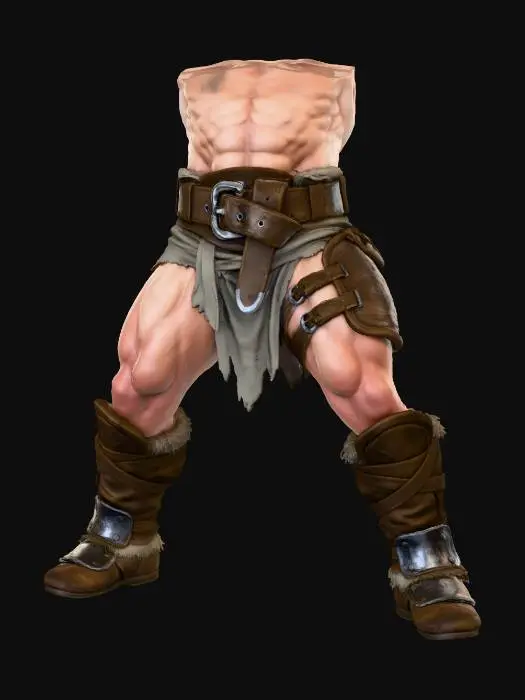 3D model for I want to create the bottom half of a muscular barbarian only hips down, belt legs and feet