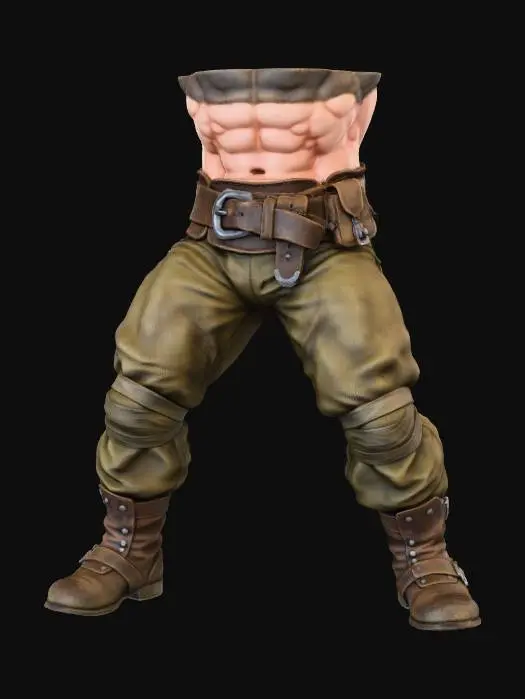 3D model for I want to create the bottom half of a muscular barbarian only hips down, belt legs and feet