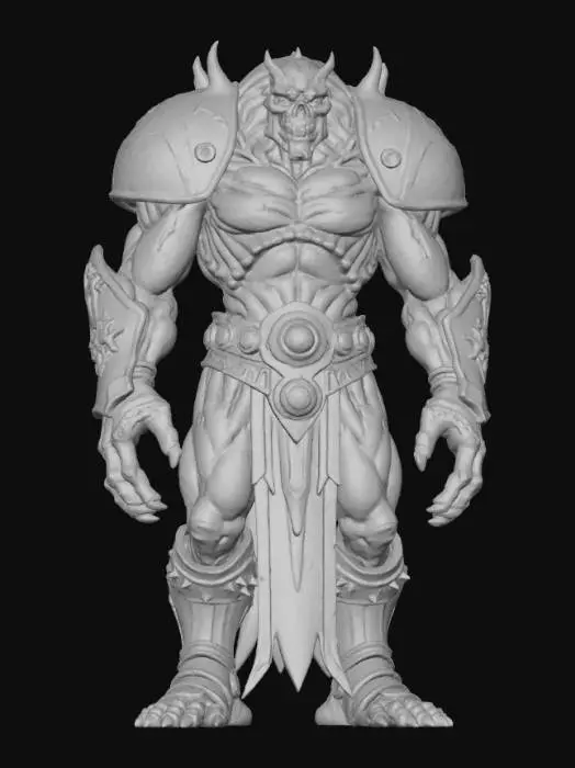 3D model for fantasy revenant, massive body with massive chest and scary plates all over the body, body slightly bent forward, massive hands with claws, glowing symbols all over the body, detailed skull face, extremely detailed, high resolution texture, epic stance