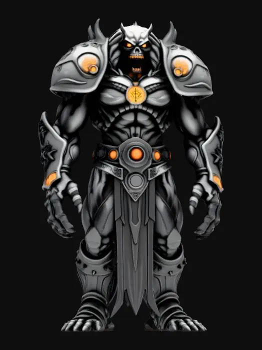 3D model for fantasy revenant, massive body with massive chest and scary plates all over the body, body slightly bent forward, massive hands with claws, glowing symbols all over the body, detailed skull face, extremely detailed, high resolution texture, epic stance