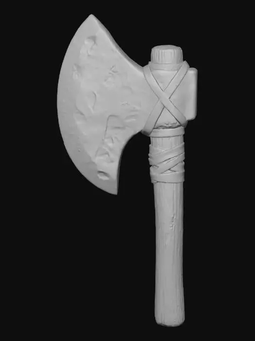 3D model for A midevil stone axe weapon with a wooden handle and huge bulbus large obsidian stone blade the blade is held on by leather straps