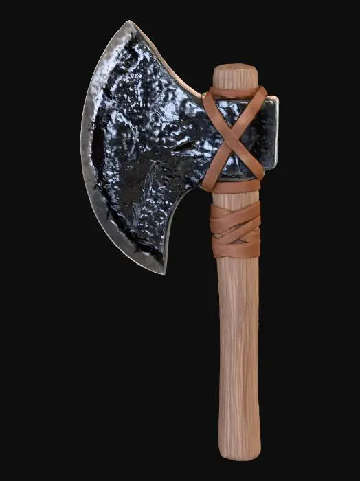 3D model for A midevil stone axe weapon with a wooden handle and huge bulbus large obsidian stone blade the blade is held on by leather straps