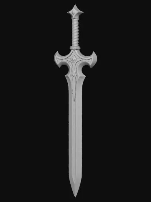 3D model for stylized fantasy broadsword designed for 3D printing. Single solid object, centered and floating. Broad straight blade with slightly tapered tip, thick reinforced spine, and beveled edge with safe printable thickness. Pale bluish-gray steel with light wear and shallow edge chipping (no sharp or thin geometry). Two large circular cutouts near the upper blade, each filled with solid amber-colored inlays fused into the blade. Simple integrated crossguard with rounded edges. Short wooden handle with smooth cylindrical shape, thick braided rope wrap near the guard sculpted as one solid piece, and one large metal rivet. Heroic proportions, clean silhouette, all parts connected, embossed or recessed details only. Watertight, manifold mesh, no hollow areas