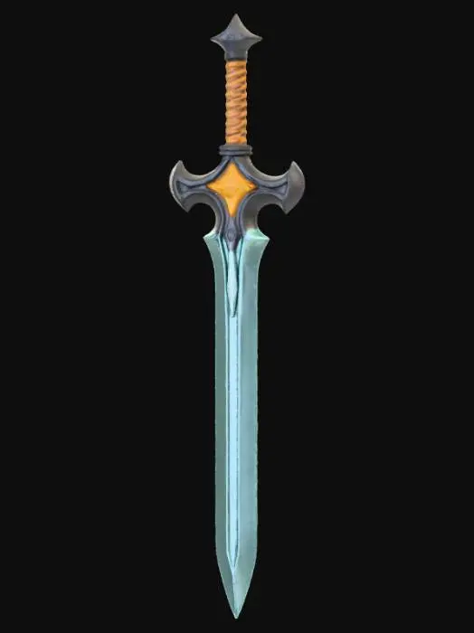 3D model for stylized fantasy broadsword designed for 3D printing. Single solid object, centered and floating. Broad straight blade with slightly tapered tip, thick reinforced spine, and beveled edge with safe printable thickness. Pale bluish-gray steel with light wear and shallow edge chipping (no sharp or thin geometry). Two large circular cutouts near the upper blade, each filled with solid amber-colored inlays fused into the blade. Simple integrated crossguard with rounded edges. Short wooden handle with smooth cylindrical shape, thick braided rope wrap near the guard sculpted as one solid piece, and one large metal rivet. Heroic proportions, clean silhouette, all parts connected, embossed or recessed details only. Watertight, manifold mesh, no hollow areas