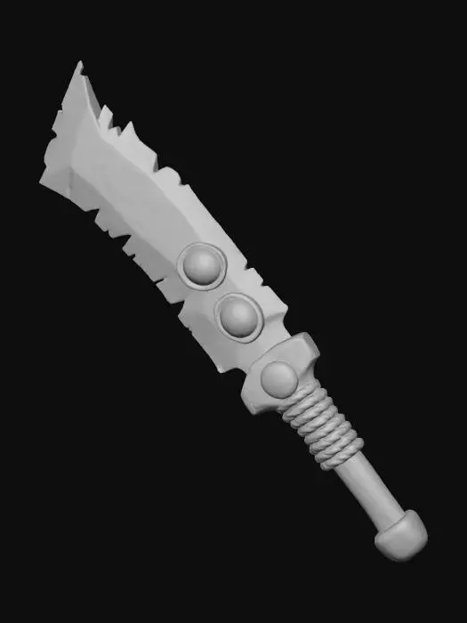 3D model for A stylized fantasy bow staff weapon floating against a dark neutral background. The blade is wide and jagged with a chipped, irregular edge, made of pale bluish steel with subtle wear and scratches. The upper spine features two circular cutouts fitted with amber-colored translucent resin inserts. The blade is attached to a short wooden handle with a warm brown finish, wrapped tightly with thick beige rope near the guard. A metal rivet secures the handle, adding a rugged, handcrafted feel. The overall style is semi-realistic with smooth sculpted forms, exaggerated proportions, and clean edges, suitable for a game or collectible 3D asset. Soft studio lighting, sharp focus, high detail, no text, no characters.