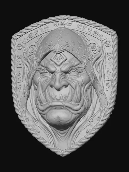 3D model for Orc Warlock face, in a flat patch highly detailed embroidery in a shield shaped fabric patch, clear stich's and threads. Bright colorful yarn and thread