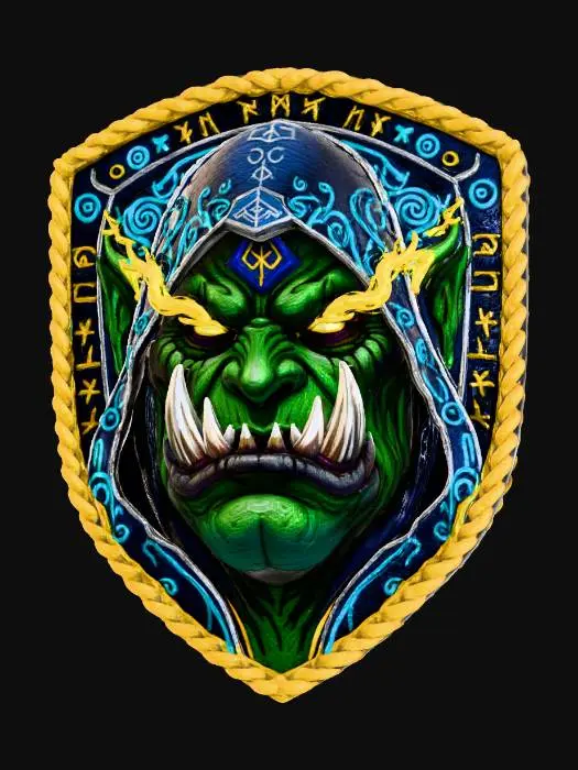 3D model for Orc Warlock face, in a flat patch highly detailed embroidery in a shield shaped fabric patch, clear stich's and threads. Bright colorful yarn and thread