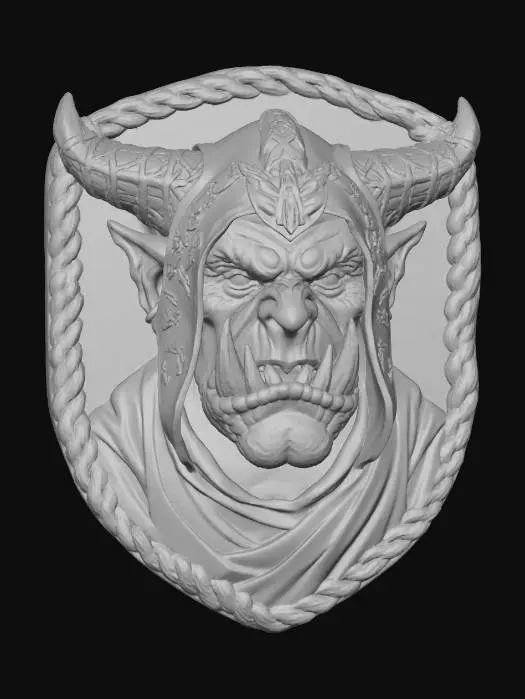 3D model for Orc Warlock face, in a flat patch highly detailed embroidery in a shield shaped fabric patch, clear stich's and threads. Bright colorful yarn and thread