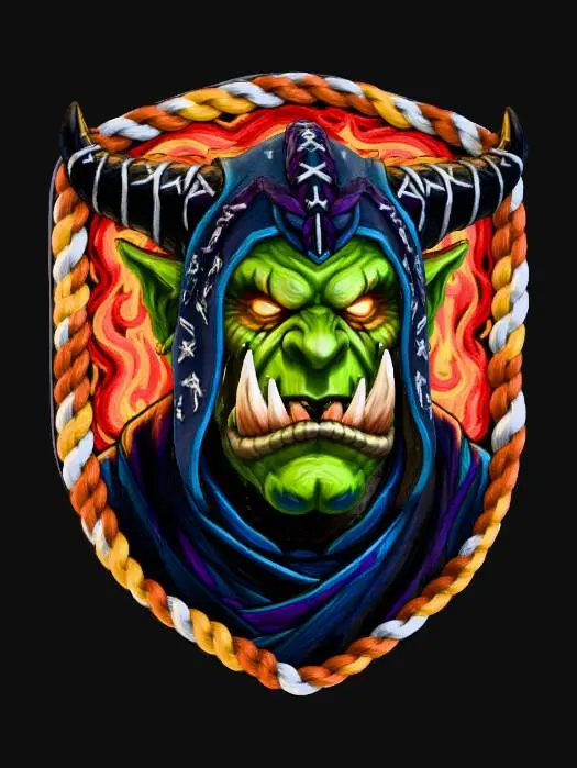 3D model for Orc Warlock face, in a flat patch highly detailed embroidery in a shield shaped fabric patch, clear stich's and threads. Bright colorful yarn and thread