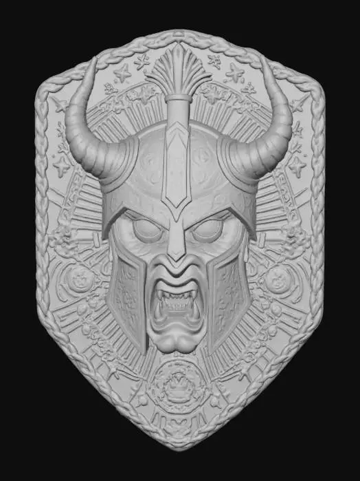 3D model for evil Spartan Warlock face, in a flat patch highly detailed embroidery in a shield shaped fabric patch, clear stich's and threads. Bright colorful yarn and thread