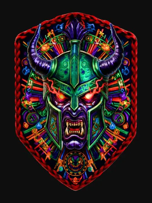3D model for evil Spartan Warlock face, in a flat patch highly detailed embroidery in a shield shaped fabric patch, clear stich's and threads. Bright colorful yarn and thread