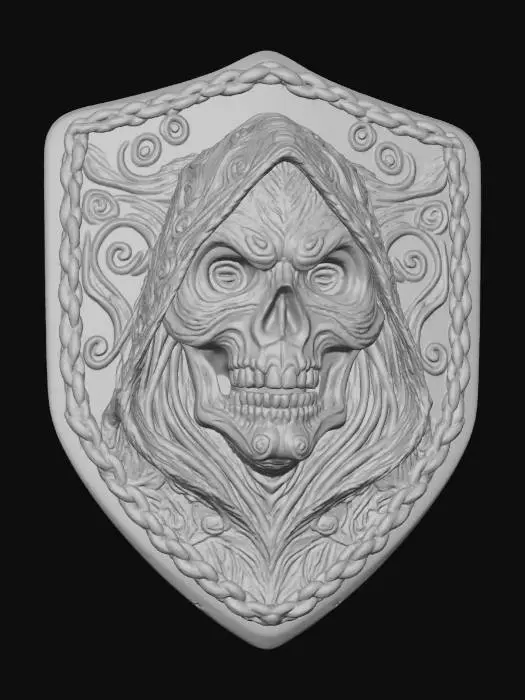 3D model for Grimm reaper face, in a flat patch highly detailed embroidery in a shield shaped fabric patch, clear stich's and threads. Bright colorful yarn and thread