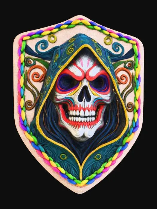 3D model for Grimm reaper face, in a flat patch highly detailed embroidery in a shield shaped fabric patch, clear stich's and threads. Bright colorful yarn and thread