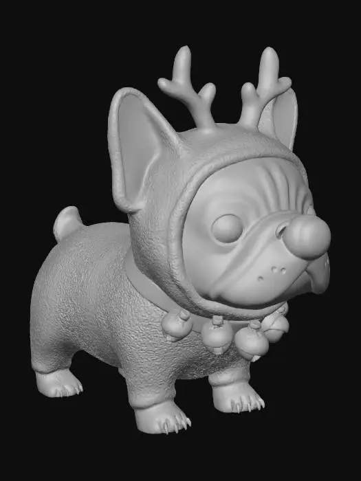 3D model for #Christmas2025#, A cartoon French bulldog dressed up as a reindeer