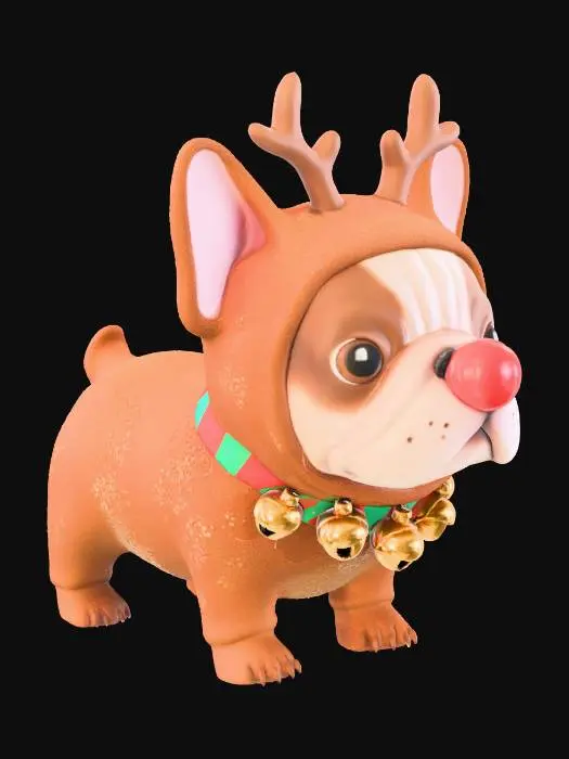 3D model for #Christmas2025#, A cartoon French bulldog dressed up as a reindeer