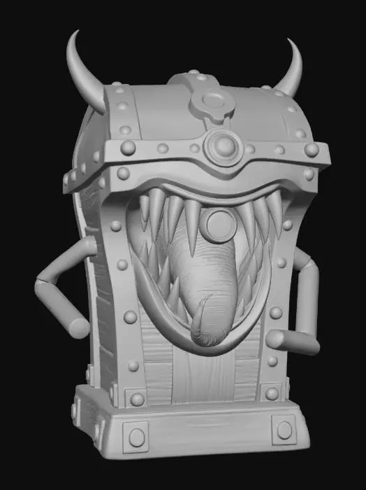 3D model for Stylized dark fantasy mimic treasure chest monster designed for 3D printing. Solid, watertight geometry with clean topology and unified mesh. Chunky, exaggerated forms and thick edges for durability. A wooden treasure chest reinforced with heavy iron bands and rivets, transformed into a monster. The lid opens as a wide mouth filled with large, evenly spaced, thick fangs with rounded tips for print safety. Deep mouth cavity with simplified layered gums. One large central glowing eye above the mouth, sculpted as a solid form. Thick serpentine tongue emerging outward with smooth curves and no overhang traps. Simplified wood grain texture and bold metal details. Flat stable base integrated into the chest. No thin spikes, . High-detail sculpt, fantasy