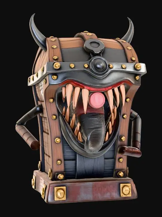 3D model for Stylized dark fantasy mimic treasure chest monster designed for 3D printing. Solid, watertight geometry with clean topology and unified mesh. Chunky, exaggerated forms and thick edges for durability. A wooden treasure chest reinforced with heavy iron bands and rivets, transformed into a monster. The lid opens as a wide mouth filled with large, evenly spaced, thick fangs with rounded tips for print safety. Deep mouth cavity with simplified layered gums. One large central glowing eye above the mouth, sculpted as a solid form. Thick serpentine tongue emerging outward with smooth curves and no overhang traps. Simplified wood grain texture and bold metal details. Flat stable base integrated into the chest. No thin spikes, . High-detail sculpt, fantasy