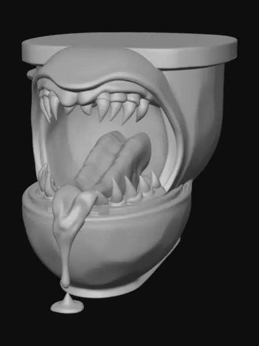 3D model for A stylized horror 3D model of a monster toilet creature. Porcelain toilet body with an oversized open bowl forming a vertical mouth. Thick lips, layered jagged teeth arranged in circular rows, deep interior cavity with organic folds. Large central tongue emerging outward, smooth but muscular, dripping saliva. Subtle blood details along the rim. Exaggerated proportions, solid geometry, watertight mesh, no thin spikes, printable teeth thickness, clean silhouette, sculpted detail suitable for resin or filament printing, cartoon-horror aesthetic, front-facing composition.