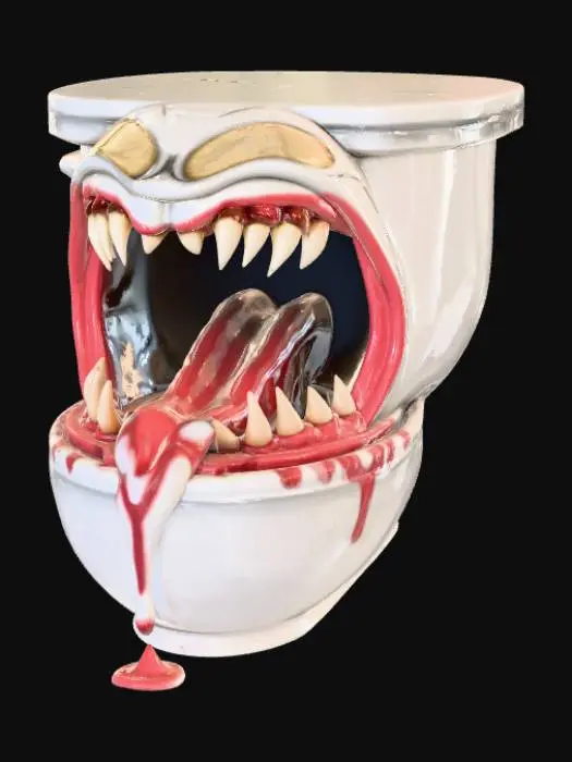 3D model for A stylized horror 3D model of a monster toilet creature. Porcelain toilet body with an oversized open bowl forming a vertical mouth. Thick lips, layered jagged teeth arranged in circular rows, deep interior cavity with organic folds. Large central tongue emerging outward, smooth but muscular, dripping saliva. Subtle blood details along the rim. Exaggerated proportions, solid geometry, watertight mesh, no thin spikes, printable teeth thickness, clean silhouette, sculpted detail suitable for resin or filament printing, cartoon-horror aesthetic, front-facing composition.