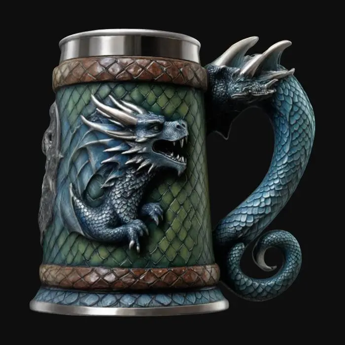 3D model for Medieval, Game of Thrones, Highly Detailed, Ultra Realistic beer stein with dragon scales carved in the handle the mug should be a dragon