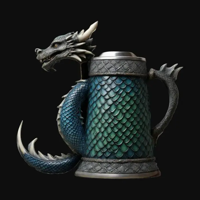 3D model for Medieval, Game of Thrones, Highly Detailed, Ultra Realistic beer stein with dragon scales carved in the handle the mug should be a dragon