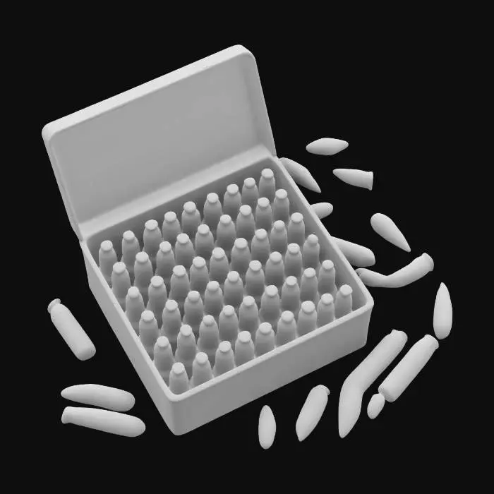 3D model for a Highly Detailed, , open Box of bullets, silver, with some laying on the ground around them #ChristmasAdventure#,