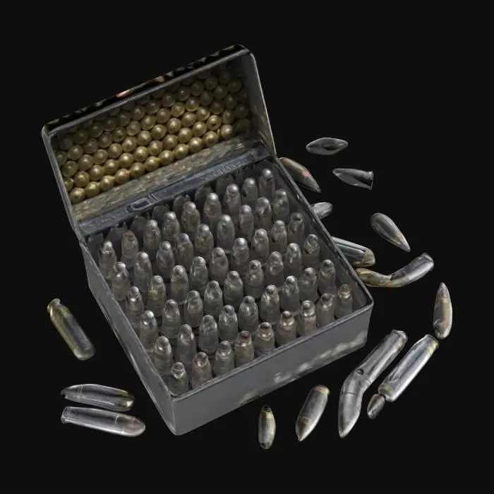3D model for a Highly Detailed, , open Box of bullets, silver, with some laying on the ground around them #ChristmasAdventure#,