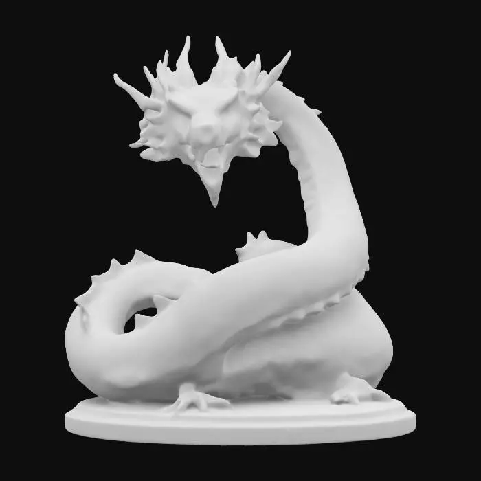 3D model for An incredibly detailed character he is a mix between a snake and a dragon. Chinese dragon, long body tiny legs all coiled up in a strike pose, on a round base, game ready deep detail extremely detailed, hyper realistic,