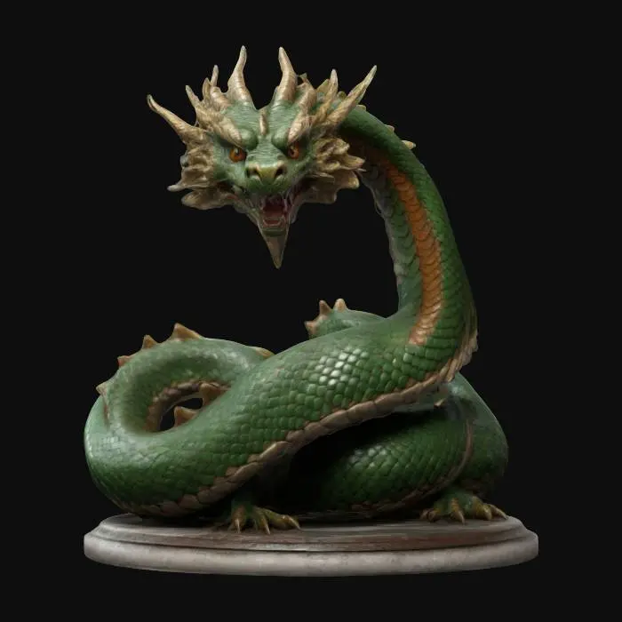3D model for An incredibly detailed character he is a mix between a snake and a dragon. Chinese dragon, long body tiny legs all coiled up in a strike pose, on a round base, game ready deep detail extremely detailed, hyper realistic,