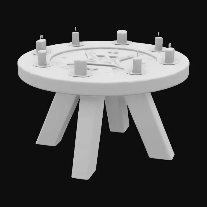 3D model for A pentagram table with candles on each point, wood, wax, 5 pointed star on a round table 