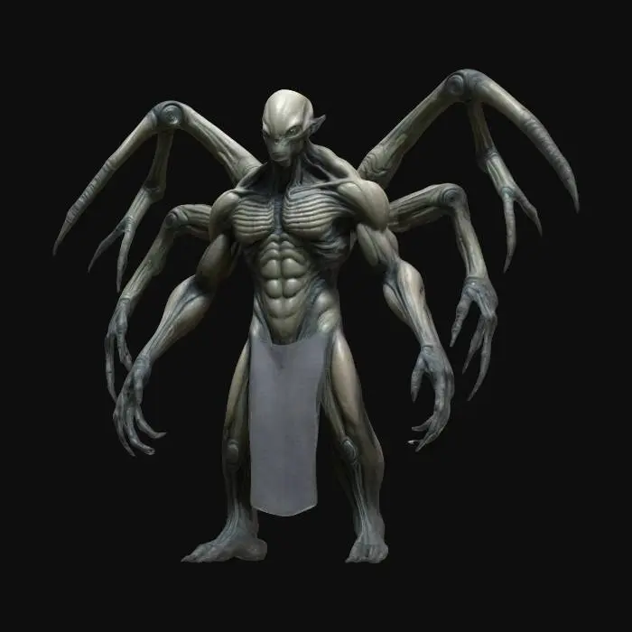 3D model for Sci-Fi, A-pose, Highly Detailed extremely muscular scary 4 arm Alien 