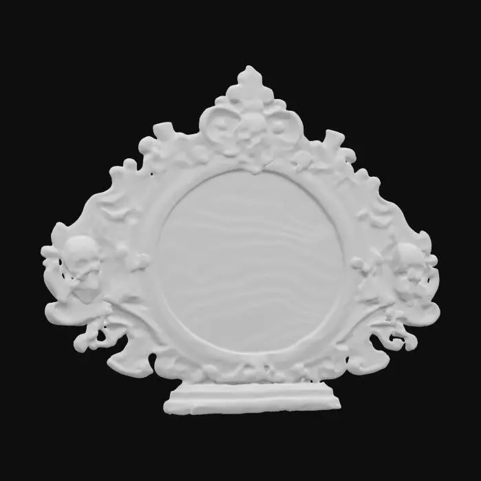 3D model for extremely detailed renaissance style oval mirror wood frame with carved skulls devils and other evil  images  on a round base