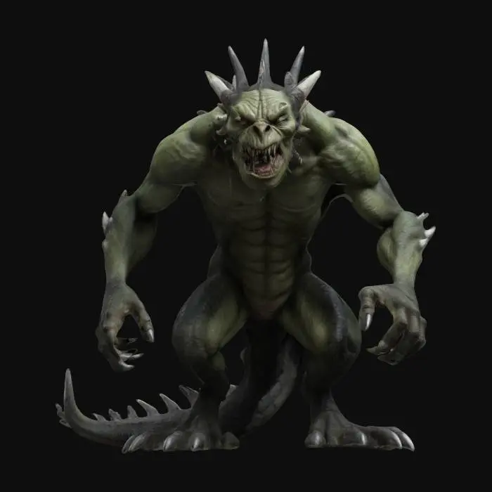 3D model for Humanoid dragon orc hybrid monster hunched over in a attack position mouth open highly detailed ultra realistic